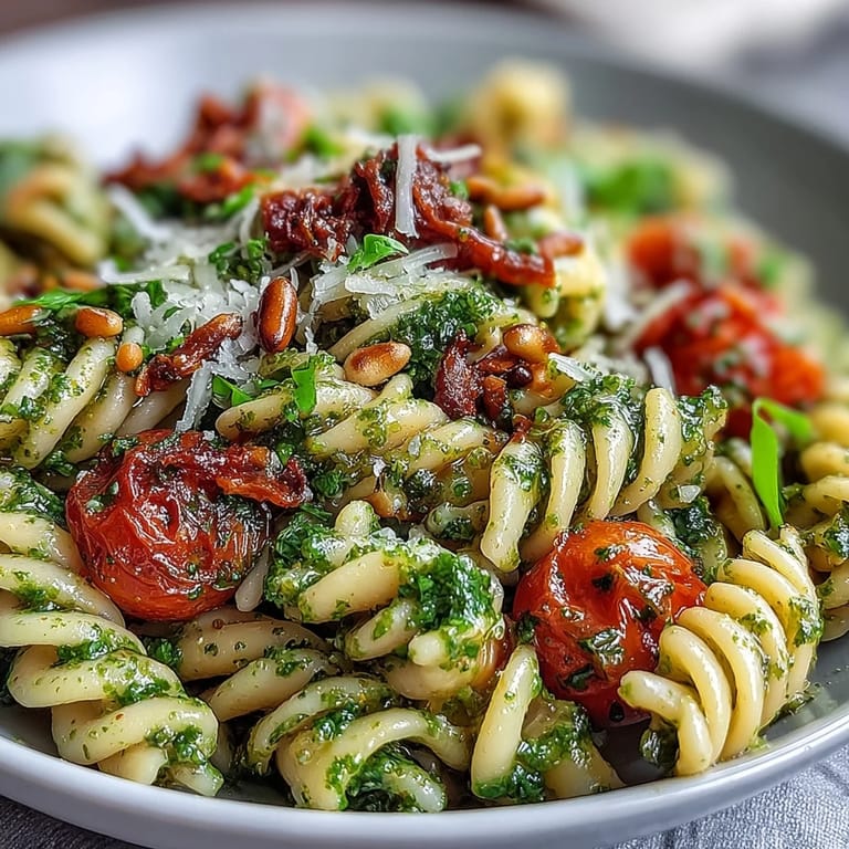 Vibrant Summer Pasta Salad with Pesto and Cherry Tomatoes, featuring al dente pasta, fresh basil pesto, and juicy tomatoes, garnished with parmesan shavings.