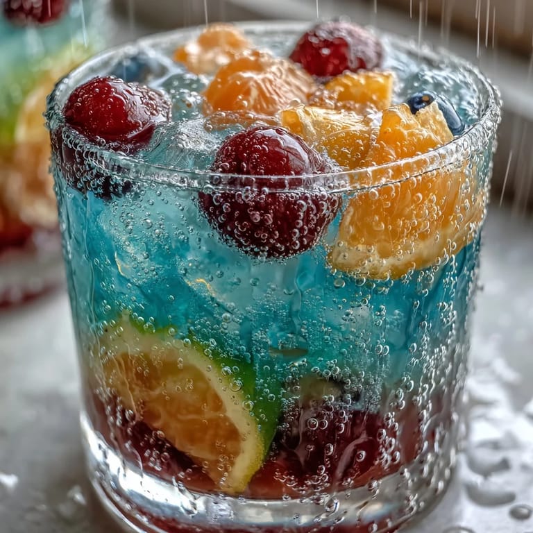 Festive rainbow sherbet float in a large punch bowl, bubbling with Sprite and topped with cherries.