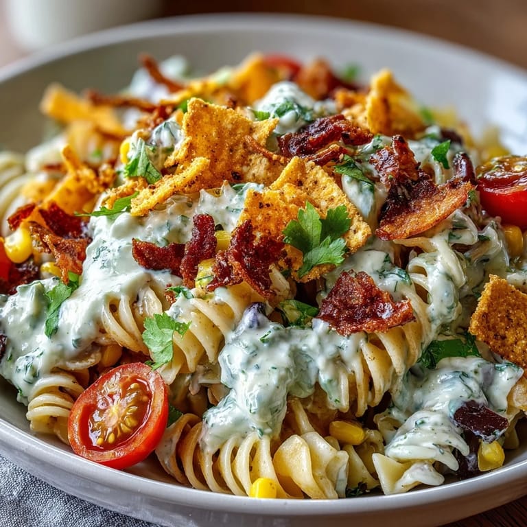 Vibrant Taco Pasta Salad with Doritos and Avocado Ranch, featuring crunchy chips and fresh vegetables in a creamy dressing.  