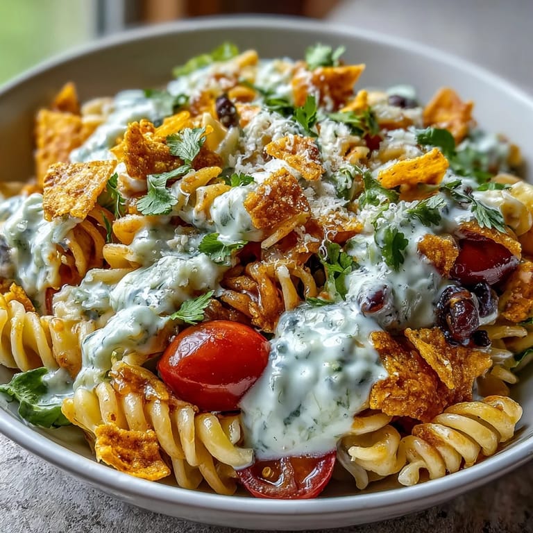 Creamy Taco Pasta Salad with Doritos and Avocado Ranch, combining pasta, black beans, corn, and tangy avocado ranch dressing.