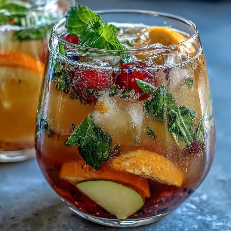 Colorful spring sangria mocktail with white grape juice, orange, lemon, and lime slices, served over ice with mint.