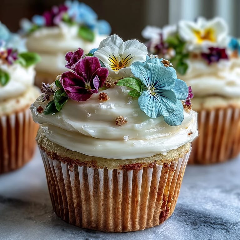 Soft vanilla cupcakes with silky buttercream frosting and colorful edible flowers, a charming spring treat.