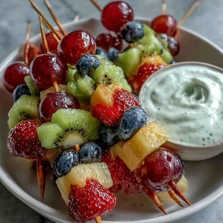 Fresh seasonal fruits threaded onto skewers in a rainbow pattern, perfect for healthy snacking alongside a smooth honey-lemon yogurt dip.
