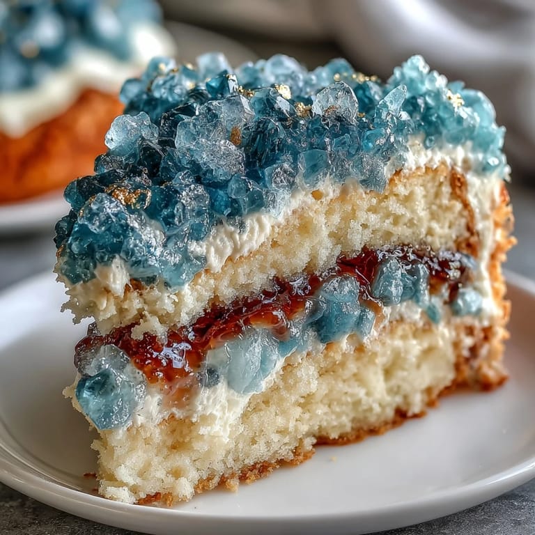 Showstopping graduation cake with teal buttercream and a carved geode slice filled with shimmering rock candy.