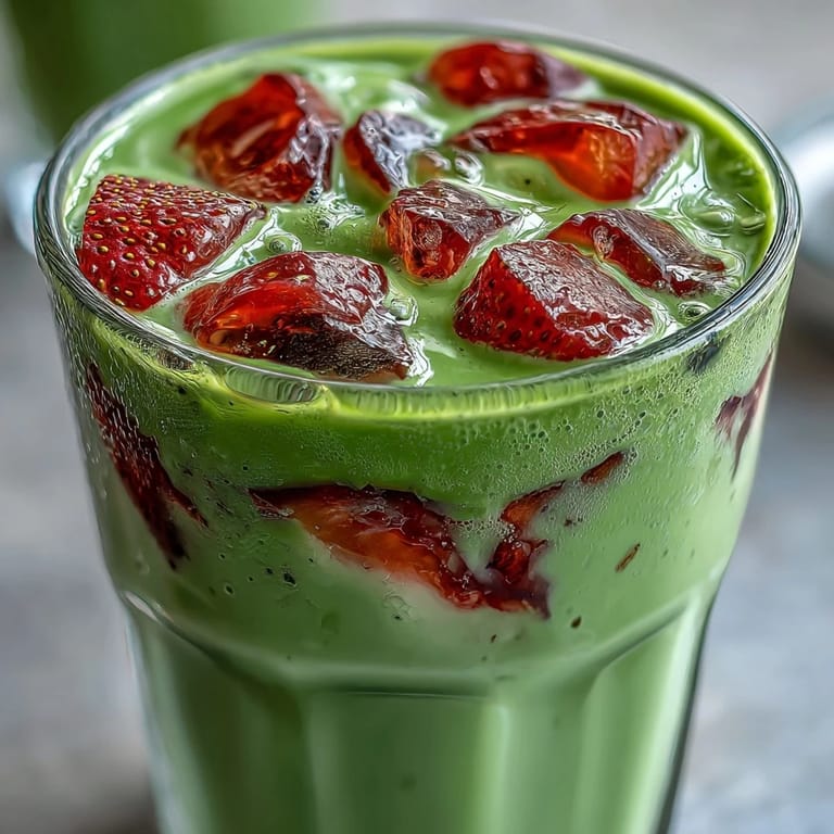 Creamy oat milk and sweet strawberry puree blend with earthy matcha in a stunning, Instagram-worthy layered drink.