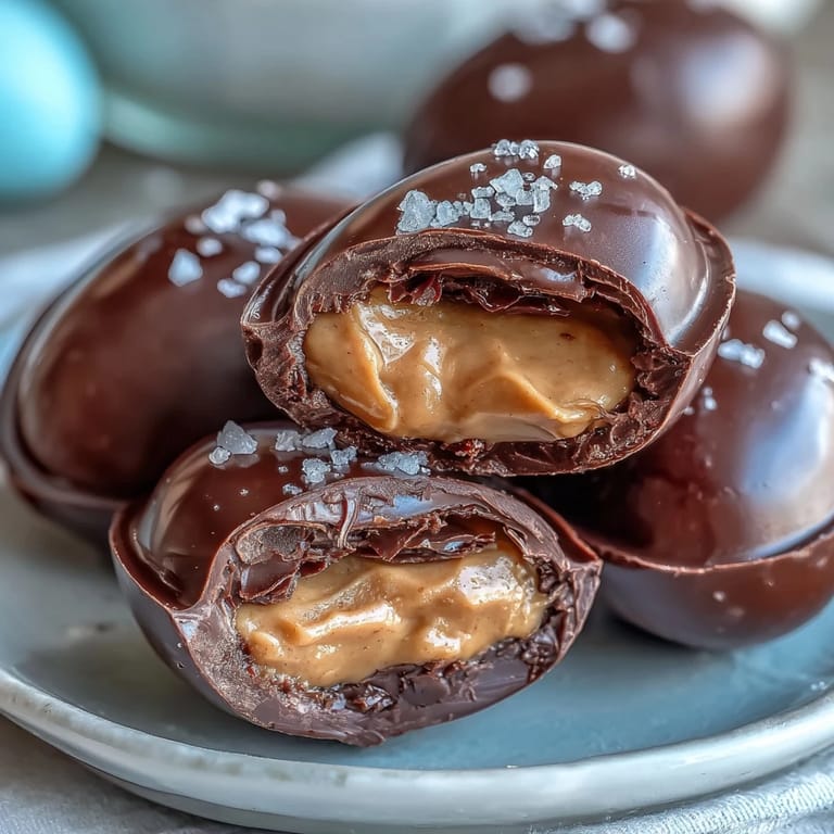 Handcrafted dark chocolate peanut butter eggs, each finished with a touch of sea salt for an irresistible Easter treat.