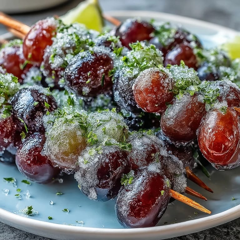 Juicy frozen grapes threaded on skewers and dusted with tangy lime sugar for a cool, citrusy snack.