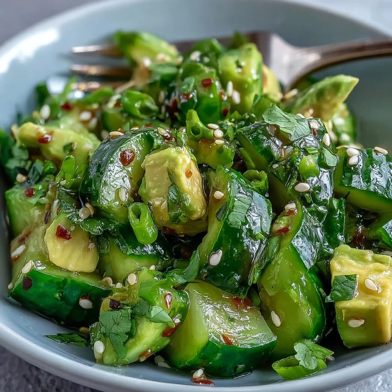 Refreshing vegan cucumber and avocado salad with sesame oil dressing, garnished with cilantro and green onions for a light, satisfying dish.