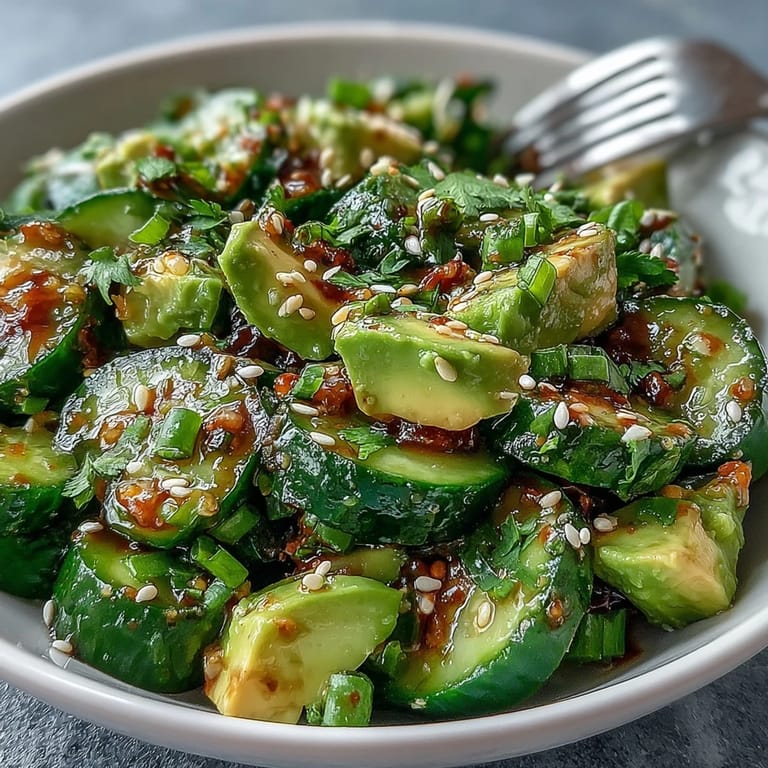 Creamy avocado and crisp smashed cucumbers tossed in a nutty sesame dressing, topped with herbs and sesame seeds for extra flavor.