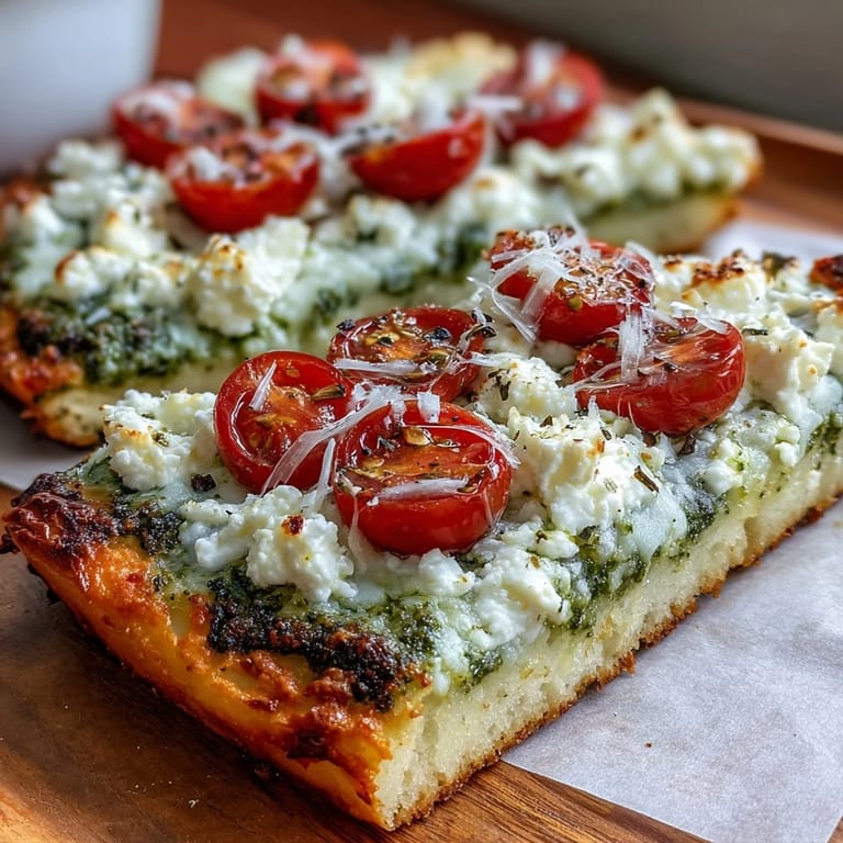 High-protein cottage cheese flatbread baked until golden, then layered with fresh pesto, halved tomatoes, and basil for a light, flavorful meal.  