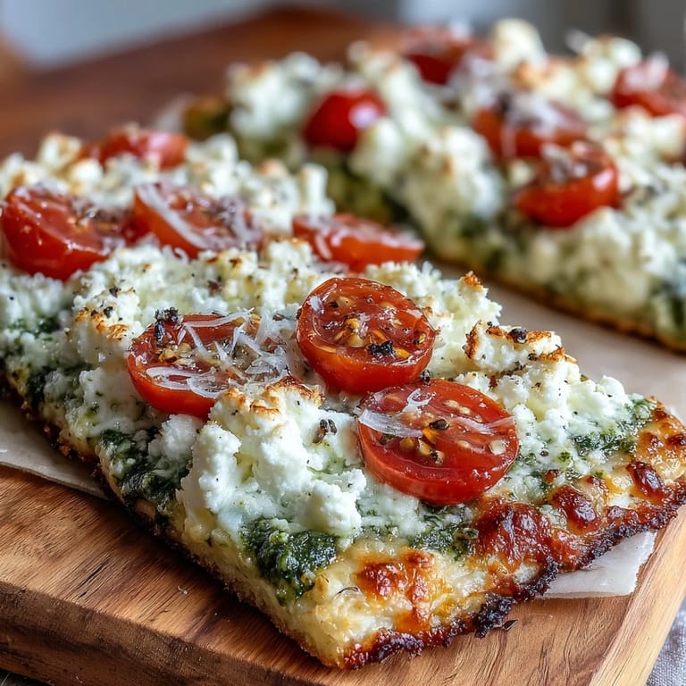 Wholesome cottage cheese flatbread with pesto and ripe tomatoes, garnished with parmesan and basil, ideal for a quick vegetarian lunch or party bite.