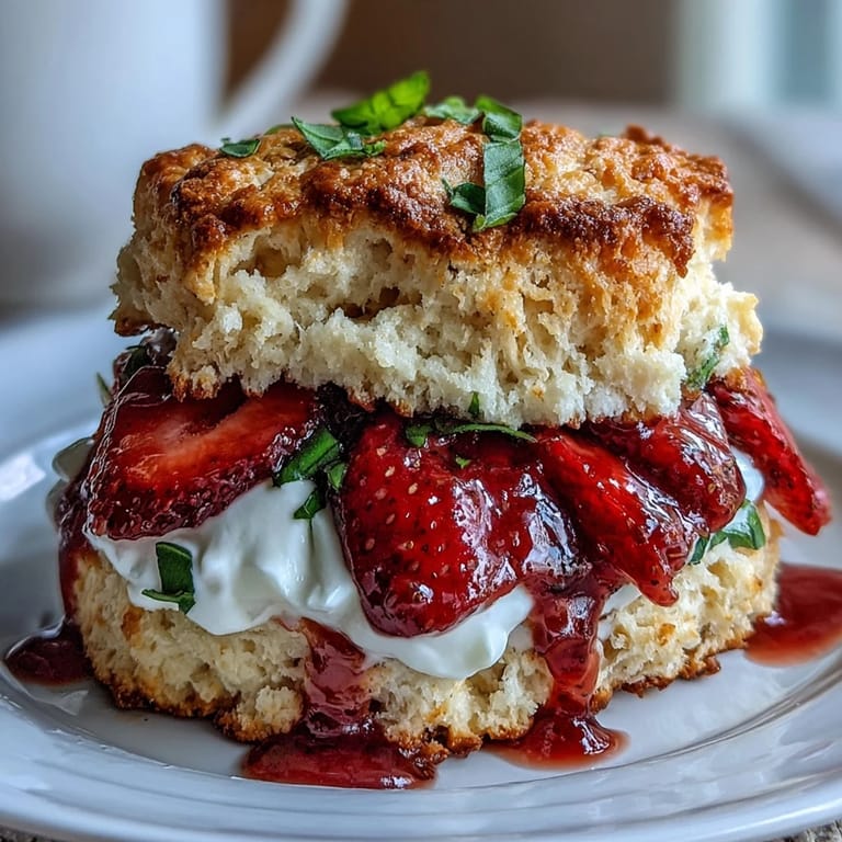 Sweet strawberry basil filling macerated with lemon and fresh basil, spooned onto flaky homemade biscuits with fluffy whipped cream.  