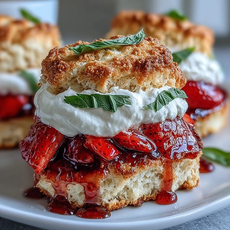 Buttery shortcake biscuits topped with strawberries, basil, and citrus, finished with whipped cream for a refreshing summer dessert.