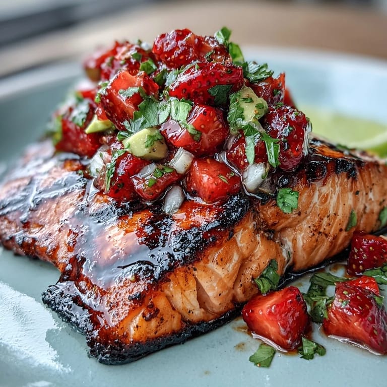 Juicy strawberries and creamy avocado salsa add color and flavor to perfectly grilled salmon fillets.  