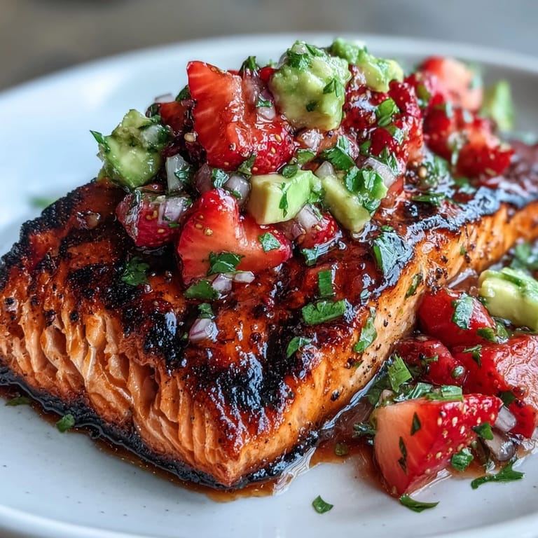 Grilled salmon served with a bright strawberry avocado salsa for a healthy and flavorful main course.