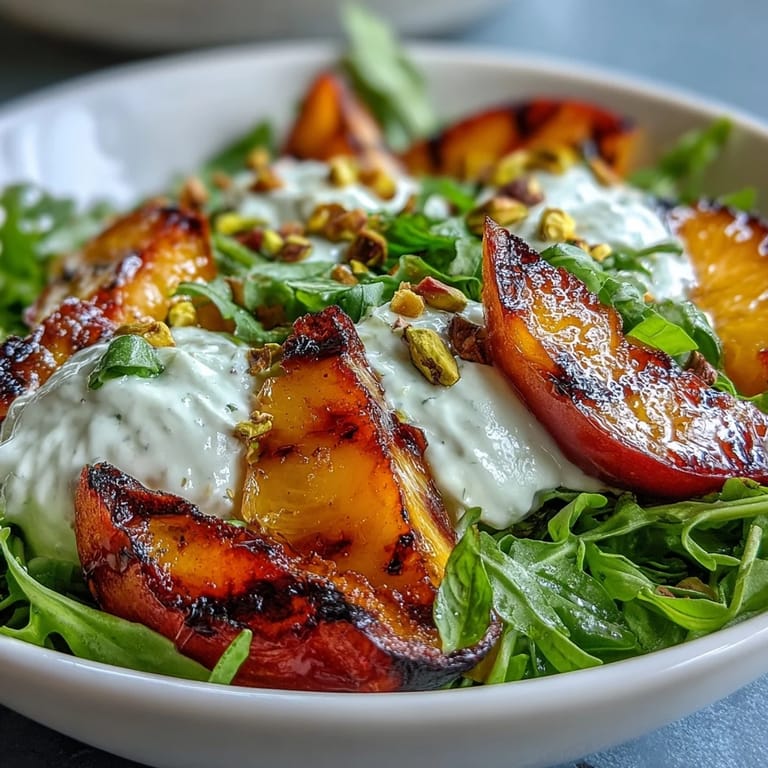 Fresh burrata salad with grilled peaches, drizzled honey, and crunchy pistachios.