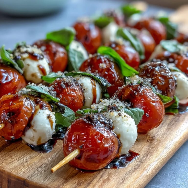 Delectable Mini Caprese Salad Skewers, bursting colors, drizzled with sweet balsamic glaze.