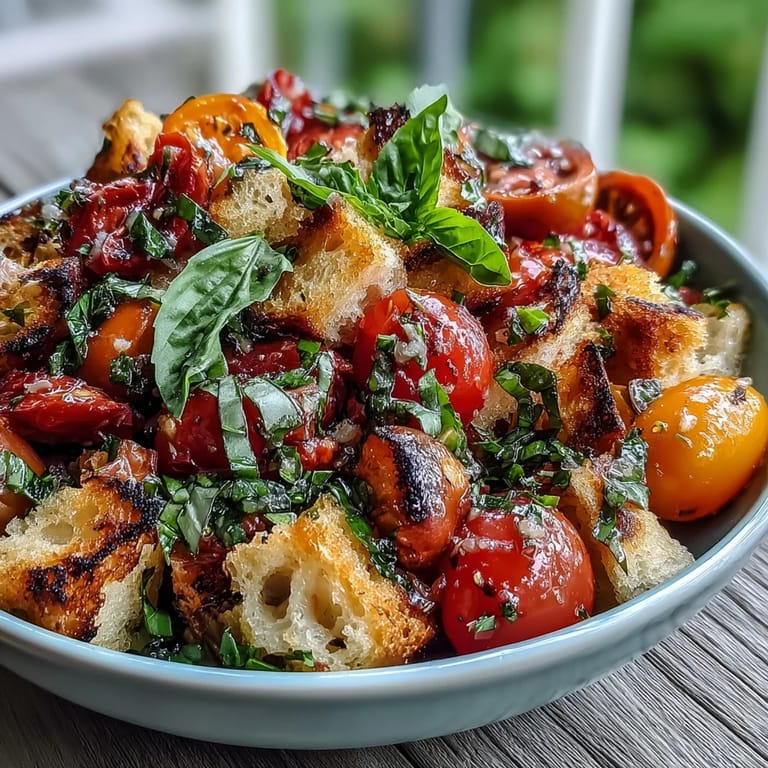Vibrant Panzanella salad with charred bread, ripe tomatoes, and fresh basil.