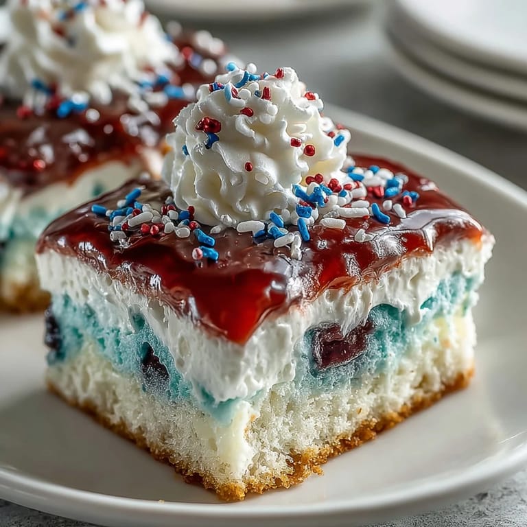 A moist Patriotic Poke Cake dotted with colorful gelatin, topped with sweet ganache.