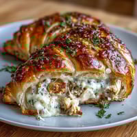 Golden-baked chicken pillows filled with creamy cheeses and tender shredded chicken, drizzled with rich garlic Parmesan butter sauce.  