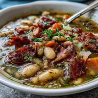 A comforting bowl of Ham and Great Northern Bean Soup with tender beans, savory ham, and aromatic vegetables simmering in a rich broth.