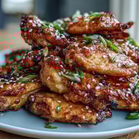 Crispy air fryer chicken wings glazed with sweet honey garlic sauce and bold Asian spices, garnished with sesame seeds and green onions.  