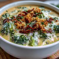 Creamy Broccoli Cheddar Soup Lightened with Greek Yogurt in a white bowl with melted cheese swirls.