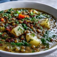 A steaming bowl of Little Sprout Green Lentil Stew with tender carrots, potatoes, and leafy greens in a rich, herb-infused broth.  