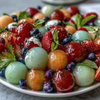 A vibrant summer fruit platter with watermelon, cantaloupe, honeydew, berries, and grapes served with creamy honey-lime yogurt dip.