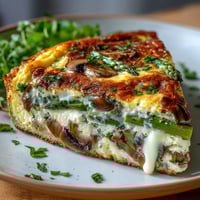 Asparagus and Mushroom Frittata with Sourdough Crust baked to golden perfection, topped with fresh chives and melted Gruyère cheese.