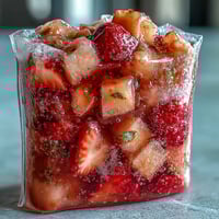 Strawberry Pineapple Daiquiri Freezer Pouches in frosty pouches, bursting with tropical fruit flavors and perfect for poolside sipping.  