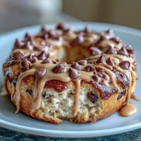 A close-up of freshly baked chocolate chip protein bagels with a glossy peanut butter drizzle, perfect for breakfast or post-workout fueling.