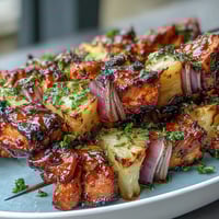 Juicy BBQ chicken skewers with sweet pineapple and red onion, grilled to perfection and brushed with smoky barbecue sauce.