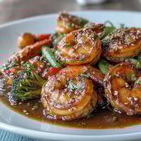 A colorful shrimp stir-fry with crisp bell peppers, broccoli, and snap peas in a savory garlic-ginger sauce.  