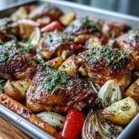 Sheet pan chicken with roasted vegetables, golden chicken thighs nestled among colorful carrots, bell peppers, and potatoes.  