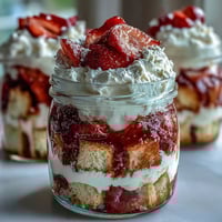 Layered strawberry shortcake trifle in mason jars with fresh strawberries, whipped cream, and golden shortcake cubes.  