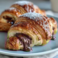 Flaky sourdough croissants filled with rich dark chocolate, perfect for an indulgent breakfast or elegant brunch treat.  