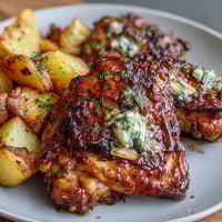 Easy Sheet Pan Chicken & Veggie Dinner with golden roasted chicken thighs and tender carrots and potatoes on a sheet pan.