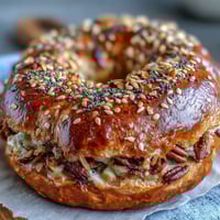 Cottage cheese bagels with golden crust, soft inside, topped with everything bagel seasoning.  
