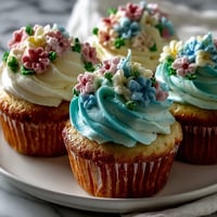 Baby in Bloom Floral Cupcakes with Pastel Buttercream: A dozen delicate vanilla cupcakes crowned with beautifully piped pastel buttercream flowers, perfect for baby showers and spring celebrations.