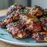 Golden-brown honey garlic baked chicken thighs with crispy skin, glazed in a sweet and savory sauce.
