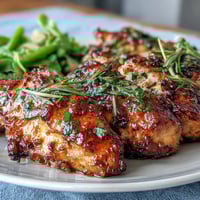 Honey mustard chicken with green beans in a glossy, tangy glaze, served alongside crisp-tender green beans in a rustic skillet.