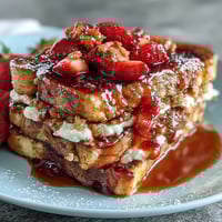 Strawberry French Toast Bake with fresh strawberries and creamy custard, baked golden and dusted with powdered sugar for a festive spring brunch.  