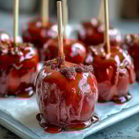 Mini Candy Apple Bites on Toothpick Skewers: glossy red candy-coated apple chunks perfect for party trays and snacking.