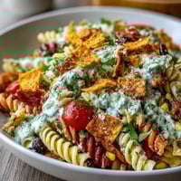Taco Pasta Salad with Doritos and Avocado Ranch, a colorful mix of pasta, beans, and veggies with creamy dressing.  