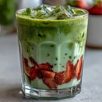 Refreshing strawberry matcha latte with oat milk, vibrant pink and green layers in a tall glass, perfect for summer sipping.