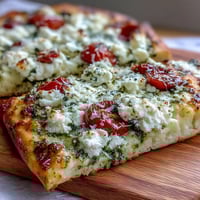 Viral cottage cheese flatbread topped with vibrant basil pesto and juicy cherry tomatoes, perfect for a healthy snack or appetizer.  