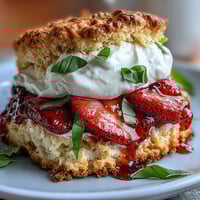Strawberry Basil Shortcake Biscuits with juicy strawberries and fresh basil, layered with whipped cream on buttery golden biscuits.  