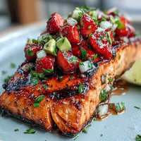 A plate of grilled salmon topped with vibrant strawberry avocado salsa, perfect for a fresh summer dinner.  