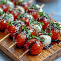 Mini Caprese Salad Skewers with Balsamic Glaze, vibrant and fresh bites ready to serve.